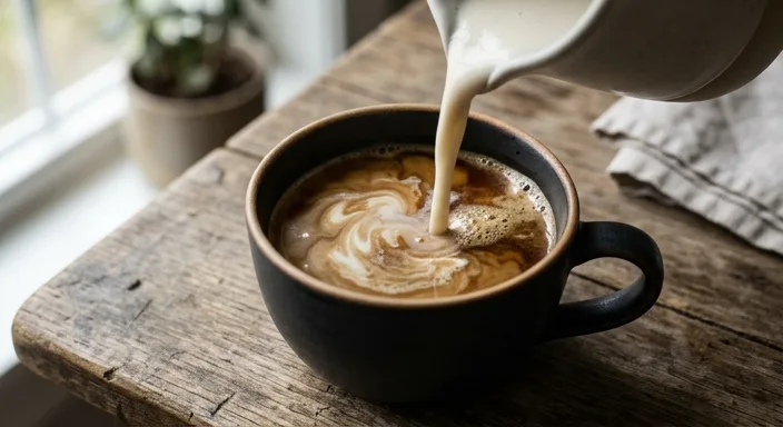 Close-up shot of creamy plant-based milk swirling into a dark cup of coffee.