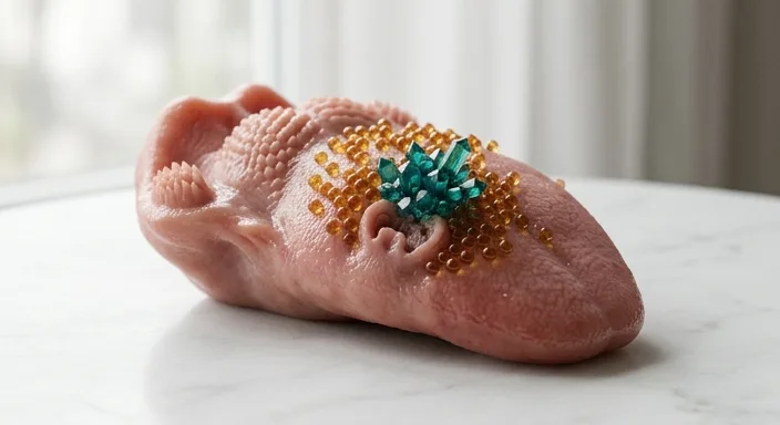 Close-up of a scientific anatomical tongue model with symbolic molecular beads and masking agents on a marble surface.