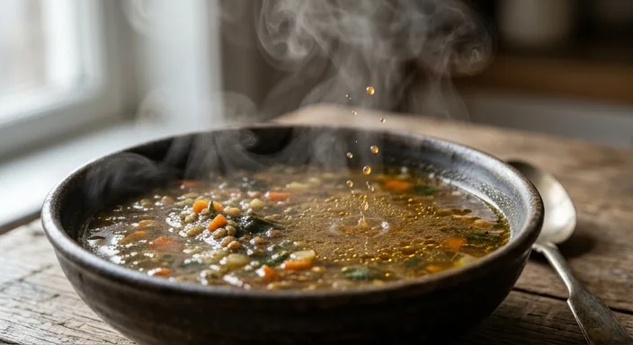 A macro photo of vegetable soup with glowing amber spheres representing aroma molecules rising from the surface in steam.