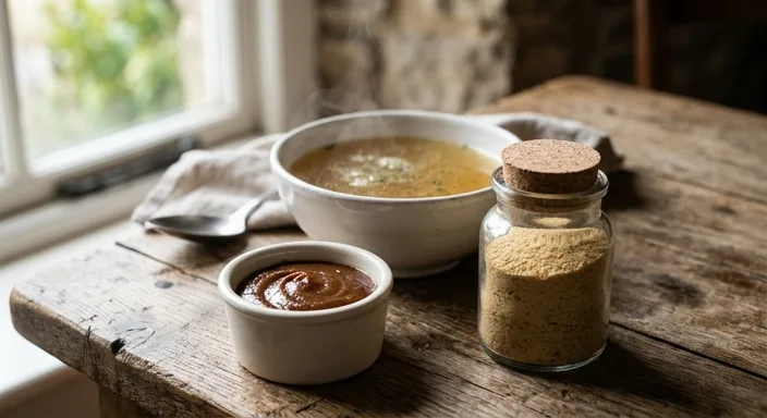 Close-up of yeast extract paste and powder next to a steaming bowl of savory bouillon on a wooden table.
