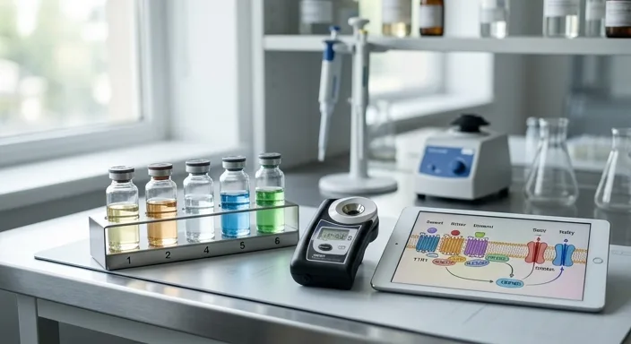 A high-tech laboratory setup featuring glass vials, a digital refractometer, and a scientific diagram of human taste receptors on a tablet screen.