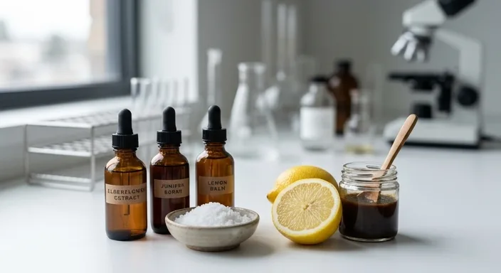 Botanical extracts in glass vials next to natural ingredients like sea salt and lemon in a laboratory setting.