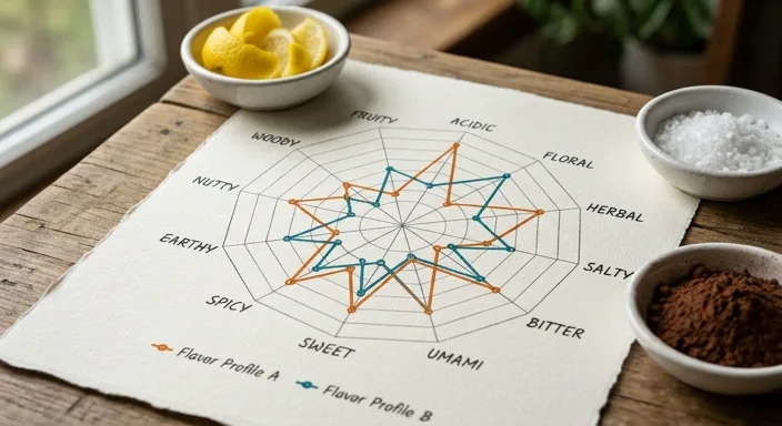 A professional sensory analysis spider web diagram on paper surrounded by small bowls of lemon and sea salt.