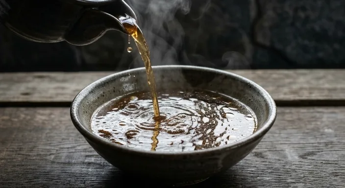 A cinematic 45-degree close-up of dark savory broth being poured into a ceramic bowl, featuring steam and glistening surface textures.