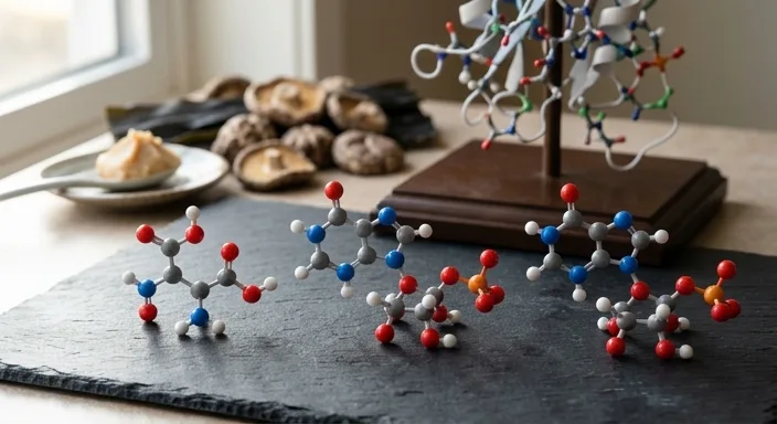 Physical molecular models of Glutamate, IMP, and GMP on a dark slate table with plant-based umami ingredients in soft focus.